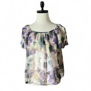 Wrapper Floral Print Blouse Top Womens Medium Sheer Short Sleeve Crochet‎ Back